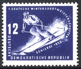 12 Pf Briefmarke: Erste Wintersportmeisterschaft der DDR in Schierke 12 Pf Briefmarke: Erste Wintersportmeisterschaft der DDR in Schierke