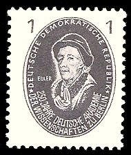 1 Pf Briefmarke: 250 Jahre Deutsche Akademie der Wissenschaften zu Berlin, Euler 1 Pf Briefmarke: 250 Jahre Deutsche Akademie der Wissenschaften zu Berlin, Euler
