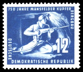 12 Pf Briefmarke: 750 Jahre Mansfelder Kupferbergbau 12 Pf Briefmarke: 750 Jahre Mansfelder Kupferbergbau