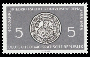 5 Pf Briefmarke: 400 Jahre Friedrich-Schiller-Universität Jena 5 Pf Briefmarke: 400 Jahre Friedrich-Schiller-Universität Jena