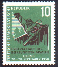 10 Pf Briefmarke: 1. Spartakiade der befreundeten Armeen 10 Pf Briefmarke: 1. Spartakiade der befreundeten Armeen