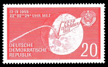 20 Pf Briefmarke: Landung der sowjetischen kosmischen Rakete auf dem Mond