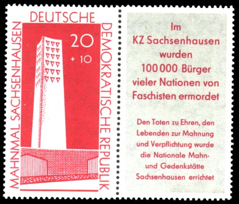 20 + 10 Pf Briefmarke: Mahnmal Sachsenhausen (mit Zusatzfeld)