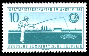 10 Pf Briefmarke: Weltmeisterschaften im Angeln 1961