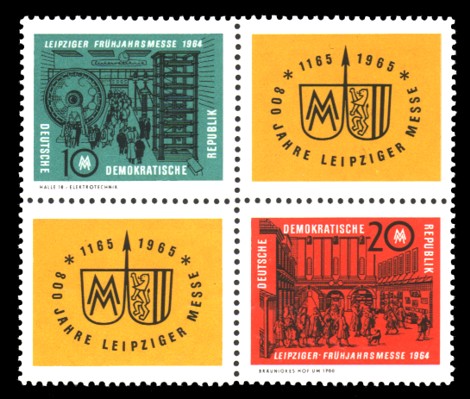 20 Pf / 10 Pf Briefmarke: Viererblock Frühjahrsmesse 1964 20 Pf / 10 Pf Briefmarke: Viererblock Frühjahrsmesse 1964