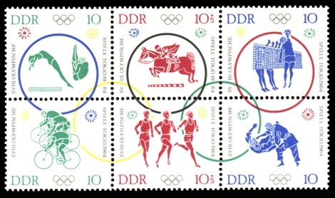 10 / 10+5 / 10 / 10 / 10+5 / 10 Pf Briefmarke: Sechserblock: XVIII Olympische Spiele Tokio 10 / 10+5 / 10 / 10 / 10+5 / 10 Pf Briefmarke: Sechserblock: XVIII Olympische Spiele Tokio