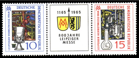 10 Pf / 15 Pf Briefmarke: Dreierstreifen: 800 Jahre Leipziger Messe 10 Pf / 15 Pf Briefmarke: Dreierstreifen: 800 Jahre Leipziger Messe