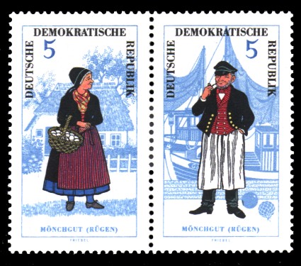 5 Pf / 5 Pf Briefmarke: Zusammendruck Volkstrachten, Mönchgut 5 Pf / 5 Pf Briefmarke: Zusammendruck Volkstrachten, Mönchgut