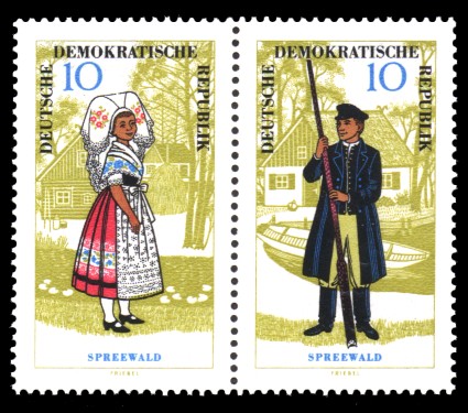 10 Pf / 10 Pf Briefmarke: Zusammendruck Volkstrachten, Spreewald