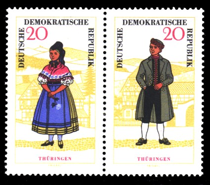 20 Pf / 20 Pf Briefmarke: Zusammendruck Volkstrachten, Thüringen 20 Pf / 20 Pf Briefmarke: Zusammendruck Volkstrachten, Thüringen