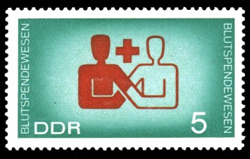 5 Pf Briefmarke: Popularisierung des Blutspendewesens, der internationalen Zusammenarbeit und der Gesundheitserziehung 5 Pf Briefmarke: Popularisierung des Blutspendewesens, der internationalen Zusammenarbeit und der Gesundheitserziehung