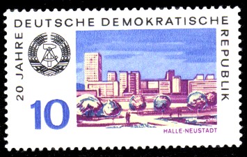 10 Pf Briefmarke: 20 Jahre DDR, Halle-Neustadt 10 Pf Briefmarke: 20 Jahre DDR, Halle-Neustadt