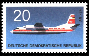 20 Pf Briefmarke: Flugzeugtypen, Interflug AN-24 20 Pf Briefmarke: Flugzeugtypen, Interflug AN-24