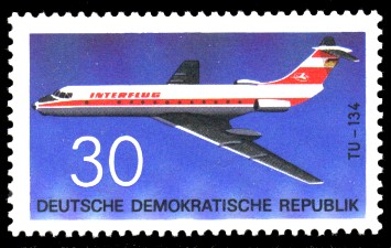 30 Pf Briefmarke: Flugzeugtypen, Interflug TU-134 30 Pf Briefmarke: Flugzeugtypen, Interflug TU-134