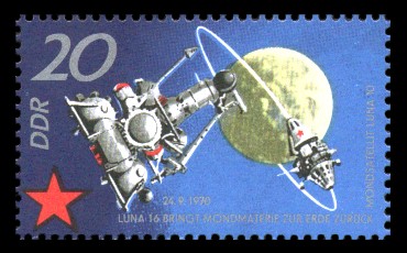 20 Pf Briefmarke: 10 Jahre sowjetischer Raumflug, Luna 16 20 Pf Briefmarke: 10 Jahre sowjetischer Raumflug, Luna 16
