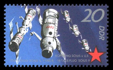 20 Pf Briefmarke: 10 Jahre sowjetischer Raumflug, Sojus-Raumschiffe 20 Pf Briefmarke: 10 Jahre sowjetischer Raumflug, Sojus-Raumschiffe