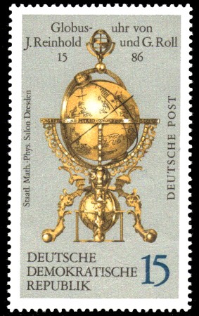 15 Pf Briefmarke: Erd- und Himmelsgloben, Globusuhr