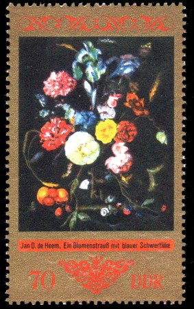 70 Pf Briefmarke: Dresdner Gemäldegalerie Alte Meister, Blumenstrauß mit bl. Schwertlilie