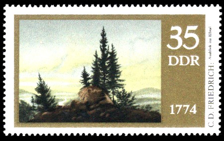 35 Pf Briefmarke: 200. Geburtstag Caspar David Friedrich, Ausblick ins Elbtal 35 Pf Briefmarke: 200. Geburtstag Caspar David Friedrich, Ausblick ins Elbtal