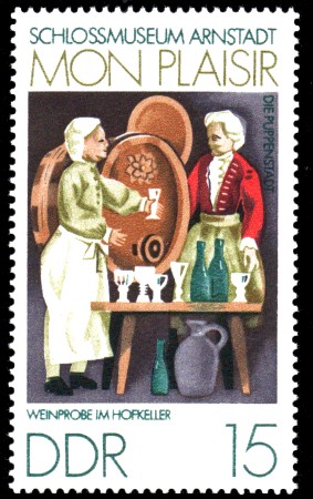 15 Pf Briefmarke: Mon plaisir, Schloßmuseum Arnstadt, Weinprobe 15 Pf Briefmarke: Mon plaisir, Schloßmuseum Arnstadt, Weinprobe