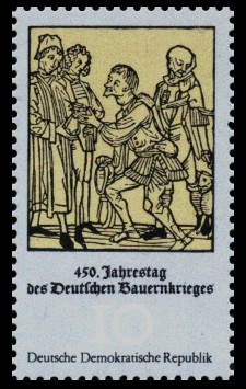 10 Pf Briefmarke: 450. Jahrestag des Deutschen Bauernkrieges 10 Pf Briefmarke: 450. Jahrestag des Deutschen Bauernkrieges