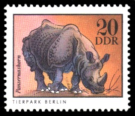 20 Pf Briefmarke: Panzernashorn, Tiere aus den Tierparks und zoologischen Gärten der DDR