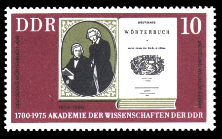 10 Pf Briefmarke: 275 Jahre Akademie der Wissenschaften der DDR, Grimm-Brüder 10 Pf Briefmarke: 275 Jahre Akademie der Wissenschaften der DDR, Grimm-Brüder