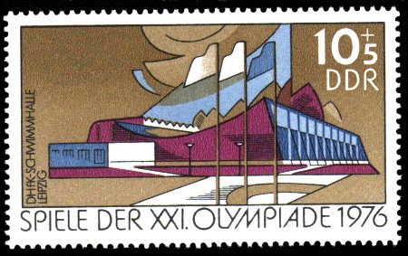 10 + 5 Pf Briefmarke: Spiele der XXI.Olympiade 1976, DHfK-Schwimmhalle Leipzig 10 + 5 Pf Briefmarke: Spiele der XXI.Olympiade 1976, DHfK-Schwimmhalle Leipzig