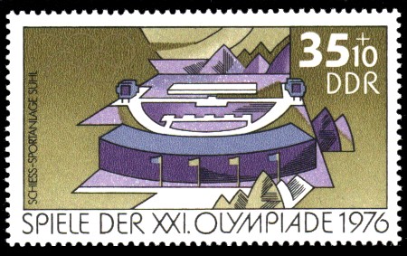 35 + 10 Pf Briefmarke: Spiele der XXI.Olympiade 1976, Schiess-Sportanlage Suhl 35 + 10 Pf Briefmarke: Spiele der XXI.Olympiade 1976, Schiess-Sportanlage Suhl