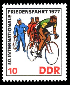 10 Pf Briefmarke: 30. Internationale Friedensfahrt 1977, Radwechsel 10 Pf Briefmarke: 30. Internationale Friedensfahrt 1977, Radwechsel