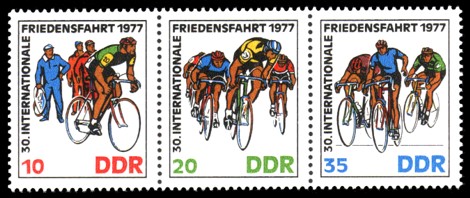 Briefmarke: Dreierstreifen - 30. Internationale Friedensfahrt 1977 Briefmarke: Dreierstreifen - 30. Internationale Friedensfahrt 1977