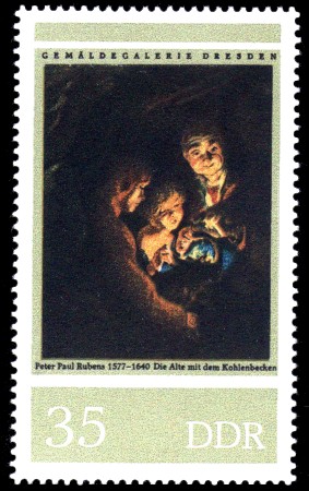 35 Pf Briefmarke: Gemäldegalerie Dresden, Rubens, Alte mit Kohlenbecken 35 Pf Briefmarke: Gemäldegalerie Dresden, Rubens, Alte mit Kohlenbecken