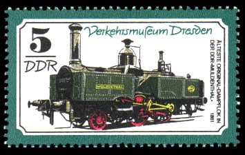 5 Pf Briefmarke: Verkehrsmuseum Dresden, Dampflok Muldenthal 5 Pf Briefmarke: Verkehrsmuseum Dresden, Dampflok Muldenthal