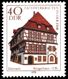 40 Pf Briefmarke: Fachwerkbauten in der DDR, Bürgerhaus Eisenach