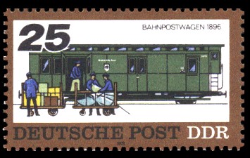 25 Pf Briefmarke: Posttransport früher und heute, Bahnpostwagen 1896