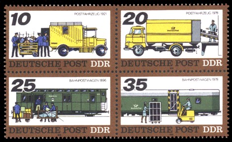  Briefmarke: Viererblock - Posttransport früher und heute