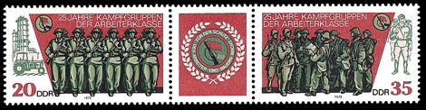 Briefmarke: Dreierstreifen - 25 Jahre Kampfgruppen der Arbeiterklasse Briefmarke: Dreierstreifen - 25 Jahre Kampfgruppen der Arbeiterklasse