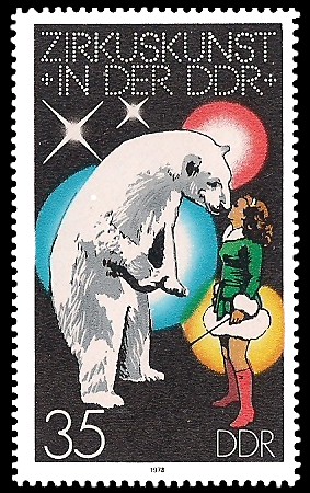 35 Pf Briefmarke: Zirkuskunst in der DDR, Eisbär 35 Pf Briefmarke: Zirkuskunst in der DDR, Eisbär