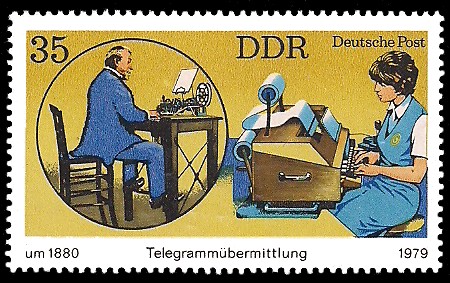 35 Pf Briefmarke: Telegrammübermittlung früher und heute