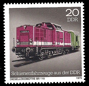 20 Pf Briefmarke: Schienenfahrzeuge aus der DDR, Diesellokomotive BR 110