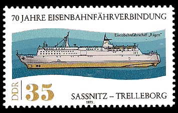 35 Pf Briefmarke: 70 Jahre Eisenbahnfährverbindung Sassnitz-Trelleborg, Fähre Rügen 35 Pf Briefmarke: 70 Jahre Eisenbahnfährverbindung Sassnitz-Trelleborg, Fähre Rügen