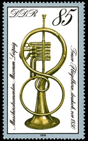 85 Pf Briefmarke: Musikinstrumenten-Museum Leipzig, Tenor-Flügelhorn 85 Pf Briefmarke: Musikinstrumenten-Museum Leipzig, Tenor-Flügelhorn