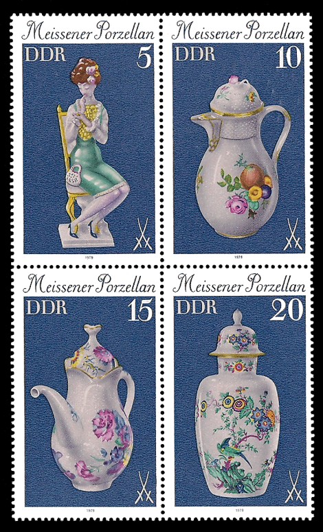 Briefmarke: Viererblock A - Meissener Porzellan Briefmarke: Viererblock A - Meissener Porzellan