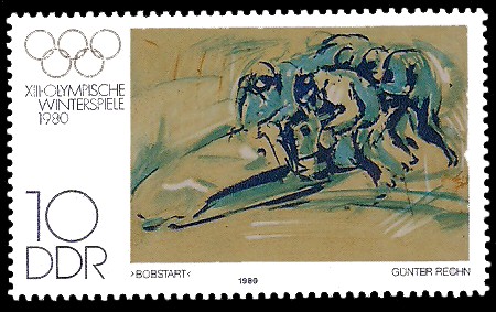 10 Pf Briefmarke: XIII. Olympische Winterspiele 1980, Vierer-Bob 10 Pf Briefmarke: XIII. Olympische Winterspiele 1980, Vierer-Bob