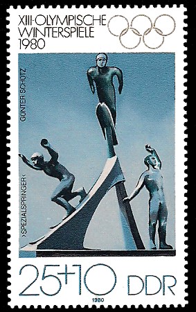 25 + 10 Pf Briefmarke: XIII. Olympische Winterspiele 1980, Skisprung 25 + 10 Pf Briefmarke: XIII. Olympische Winterspiele 1980, Skisprung