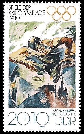 20 + 10 Pf Briefmarke: Spiele der XXII.Olympiade 1980, Schwimmer 20 + 10 Pf Briefmarke: Spiele der XXII.Olympiade 1980, Schwimmer