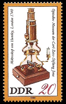 20 Pf Briefmarke: Optisches Museum der Carl-Zeiss-Stiftung Jena, Huntley-Mikroskop