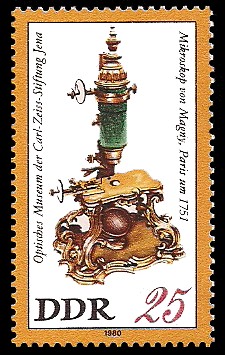 25 Pf Briefmarke: Optisches Museum der Carl-Zeiss-Stiftung Jena, Magny-Mikroskop