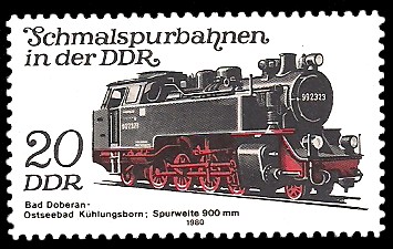 20 Pf Briefmarke: Schmalspurbahnen in der DDR, Lok, Bad Doberan-Kühlungsborn 20 Pf Briefmarke: Schmalspurbahnen in der DDR, Lok, Bad Doberan-Kühlungsborn