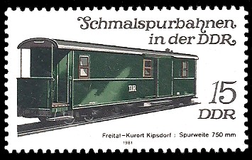 15 Pf Briefmarke: Schmalspurbahnen in der DDR, Packwagen Freital-Kipsdorf 15 Pf Briefmarke: Schmalspurbahnen in der DDR, Packwagen Freital-Kipsdorf